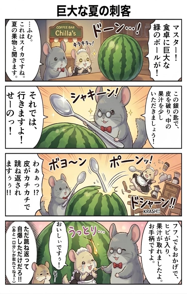 Chillas_Diary's tweet photo. 【4コマ漫画】第117話『巨大な夏の刺客』
最近急に夏らしい気候になってきましたね
　
皆さまも愛チラさまも、体調���理にお気を付けてお過ごしください🍉
#チンチラ　#スイカ https://t.co/0EqTZas0Dn