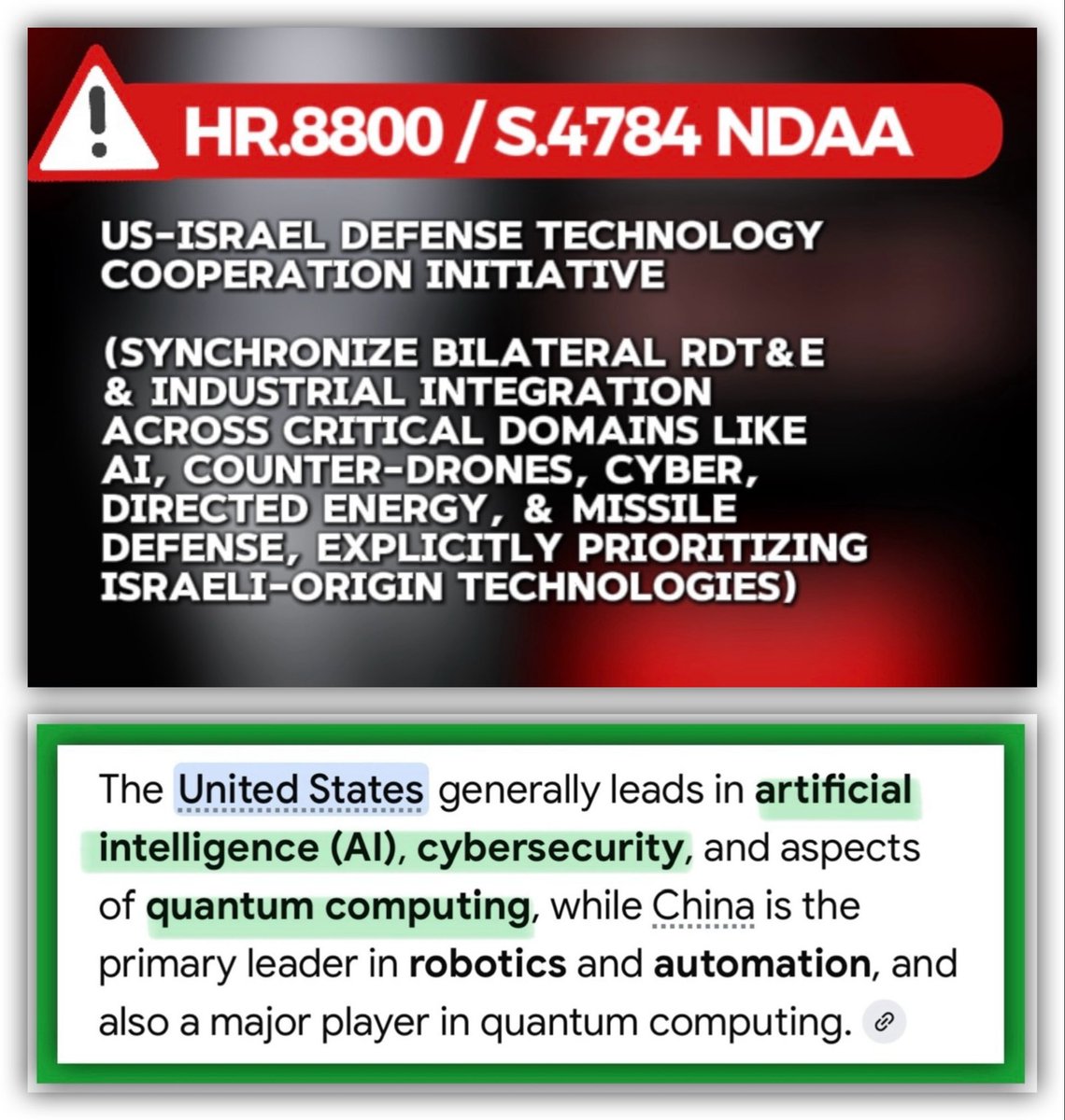 GenXGirl1994's tweet photo. FALSE. This is beyond a merger, it’s a full access takeover of bleeding edge technology by Israel who has a long track record of committing espionage. 

Section 219 of NDAA establishes a U.S.-Israel Defense Technology Cooperation Initiative, tasking the Pentagon with synchronizing bilateral research, development, testing, and industrial integration across critical domains like AI, counter-drones, cyber, directed energy, and missile defense, explicitly prioritizing Israeli-origin technologies for integration into U.S. systems and programs of record.