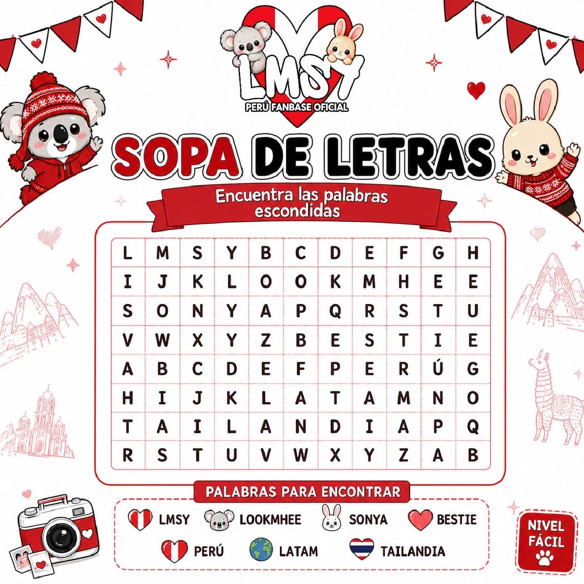 LmsyPeruOficial's tweet photo. SEGUIMOS BESTIES!
COMENTEN CADA PALABRA QUE ENCUENTREN EN LA SOPA

PERU IS READY FOR LMSY
#LMSYFanMeetingPeru
#LMSY #ลูกหมีซอนญ่า 
#LMSYPeruFanbaseOficial https://t.co/lUoN3kC3sg