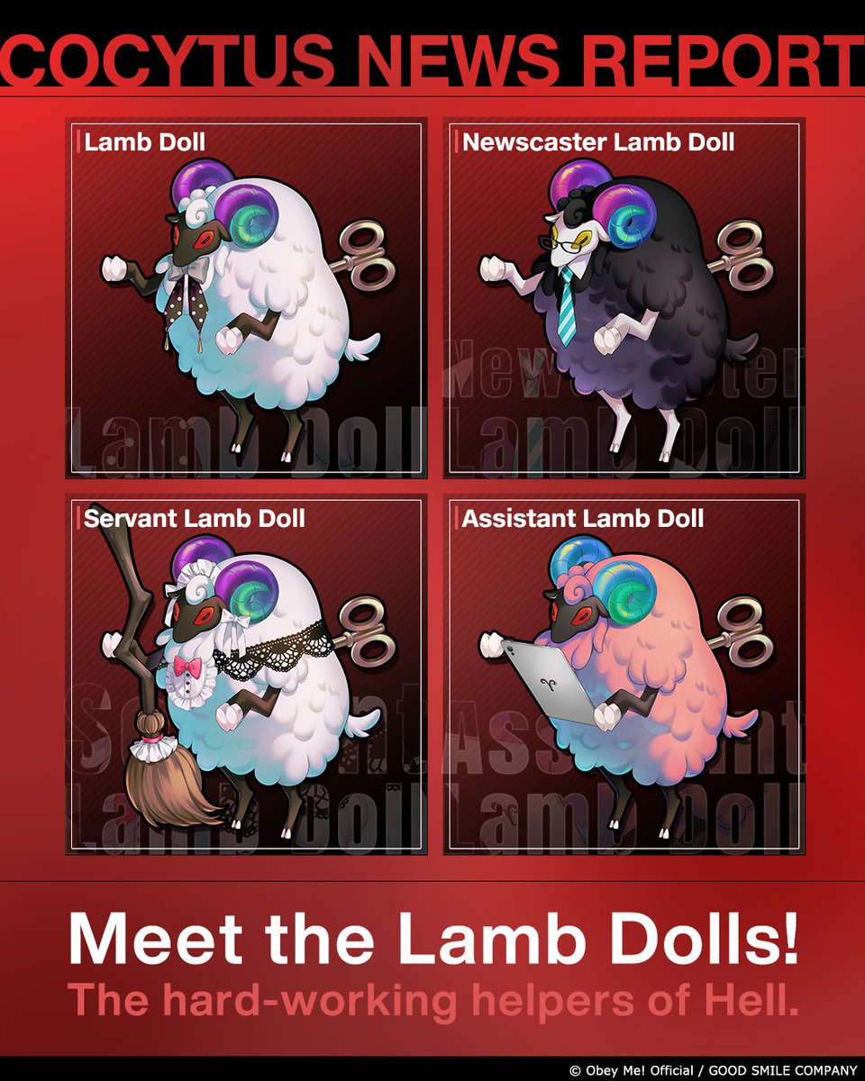 ObeyMeSC_EN's tweet photo. 😈The Month of 7 — Day 26 🖤

Our special month of posts is drawing closer to its end!
Starting today, we'll be bringing you new info about Hell in the Cocytus News Report! 📺

We'll be bringing you the latest news from Cocytus's very own news broadcast.

Special Report
The Lamb Dolls of Cocytus:

🐏 Lamb Doll
The basic lamb dolls that work in the prison of Cocytus.
Even the most skilled of artisans have trouble telling them apart.

🪞 Servant Lamb Doll
A lamb doll serving Asmodeus.
This lamb doll will overcome any challenge as long as it's for Asmodeus's sake.

🎤 Newscaster Lamb Doll & 📋 Assistant Lamb Doll
This popular pair works to broadcast Cocytus News to all of Hell.
Rumor has it that their relationship off-camera is actually pretty awful...

Which lamb doll is your favorite? Let us know in the comments! 🐏

▼Add to your Steam wishlist here!
https://t.co/dCJ0cVwfMS

#TheMonthOf7
#ObeyMeSC
#ObeyMe