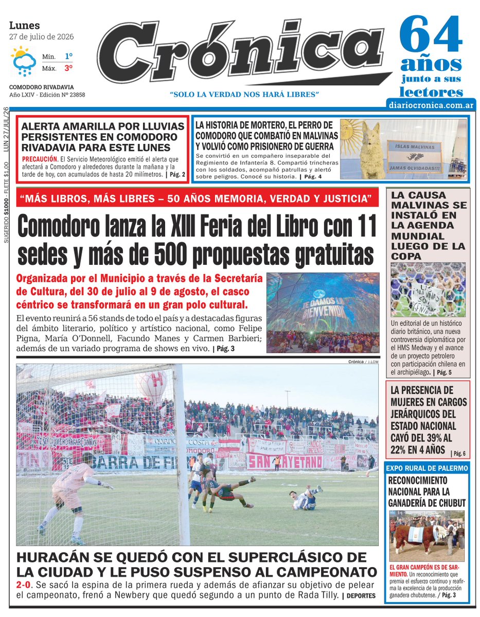 cronicacrd's tweet photo. 📌 Nuestra tapa de este lunes 27 de julio de 2026. Todas las noticias en Diario Crónica.
📷 https://t.co/kRf7foH5O6

#trelew #rawson #puertomadryn #cronicacomodoro #portadacronica https://t.co/FylTT0MPNT
