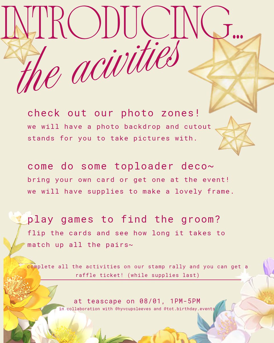 hyvcupsleeves's tweet photo. dear attorneys, 

as we draw closer to the event, here are the activities we will have! there will be plenty to look and see and do~ 

#tot5thanniv #tottwt #tearsofthemis https://t.co/s36oyAZkf2
