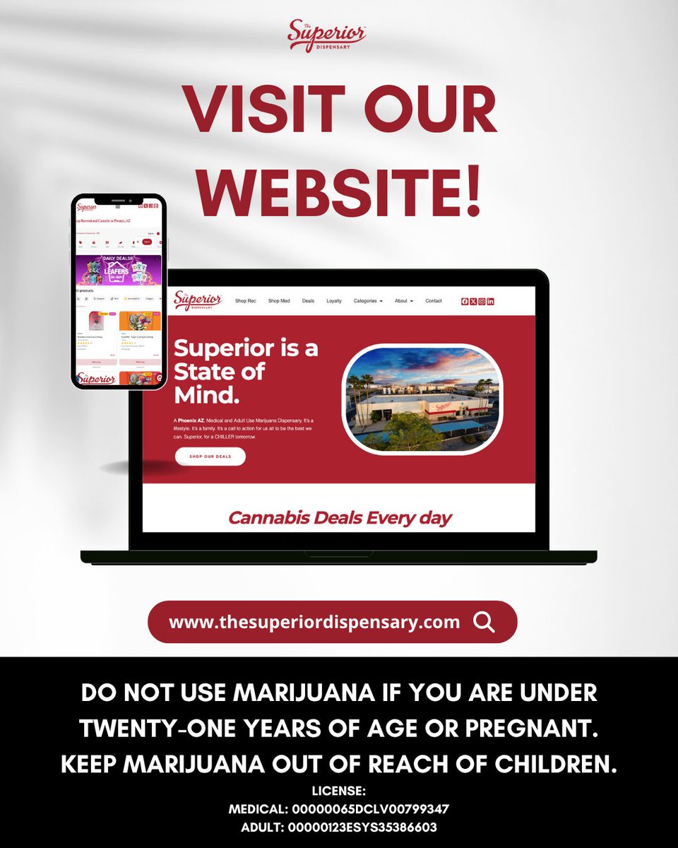 TheSuperior_AZ's tweet photo. Visit our website today! From deals to browsing our wide selection of products, visit https://t.co/ErTGpimGCX to experience the Superior way! 

#superiordispensaryphoenix #phxdispensary #cannabis #cannabisdeals

License:
Medical: 00000065DCLV00799347
Adult: 00000123ESYS35386603 https://t.co/WzfkDmPN29