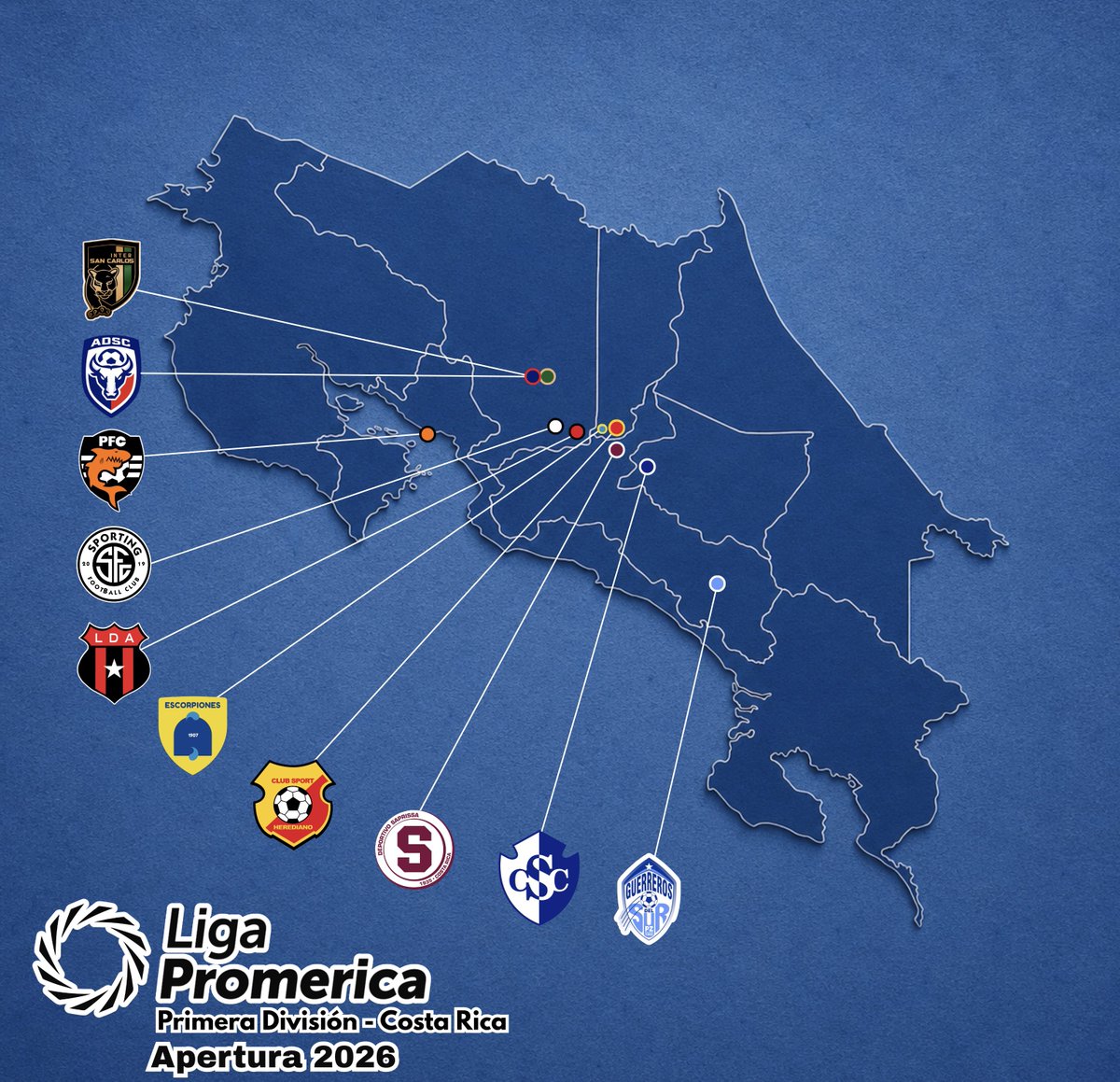ElCevicheEsTico's tweet photo. (4K) La geografía del la Primera División de Costa Rica, edición Apertura 2026 https://t.co/j9b59Ao4jd