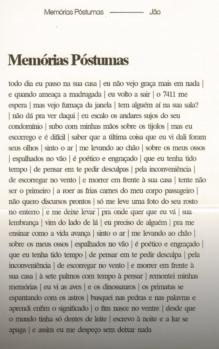 llucasterres's tweet photo. “Ao verme que primeiro roeu as frias carnes do meu cadáver dedico como saudosa lembrança estas memórias póstumas” - Machado de Assis (1881)
“Tente não ser o primeiro a roer as frias carnes do meu corpo passageiro” - Jão (2026) https://t.co/PXP4Pt7bCv