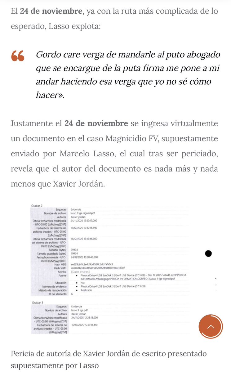 TamiaVillavice1's tweet photo. Una nota imperdible con los audios extraídos del dispositivo de #MarceloLasso. Se comprueba la compra de Lasso, sus traslados clandestinos por Sudamérica y, por supuesto, se confirma la mentira: Marcelo Lasso NO estaba en Estados Unidos cuando fue entrevistado por el abogado de Jordán en #EEUU.