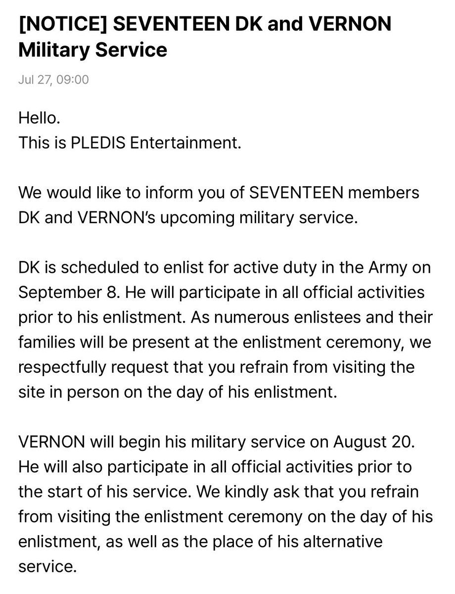 minghaocheoI_'s tweet photo. vernon will be enlisting for alternative service starting on august 20 and dokyeom will enlist for active duty on september 8... 🥹🫠

"Once DK and VERNON begin their military service, they will be unable to participate in SEVENTEEN activities. However, they will continue to connect with CARAT through a variety of content prepared in advance."