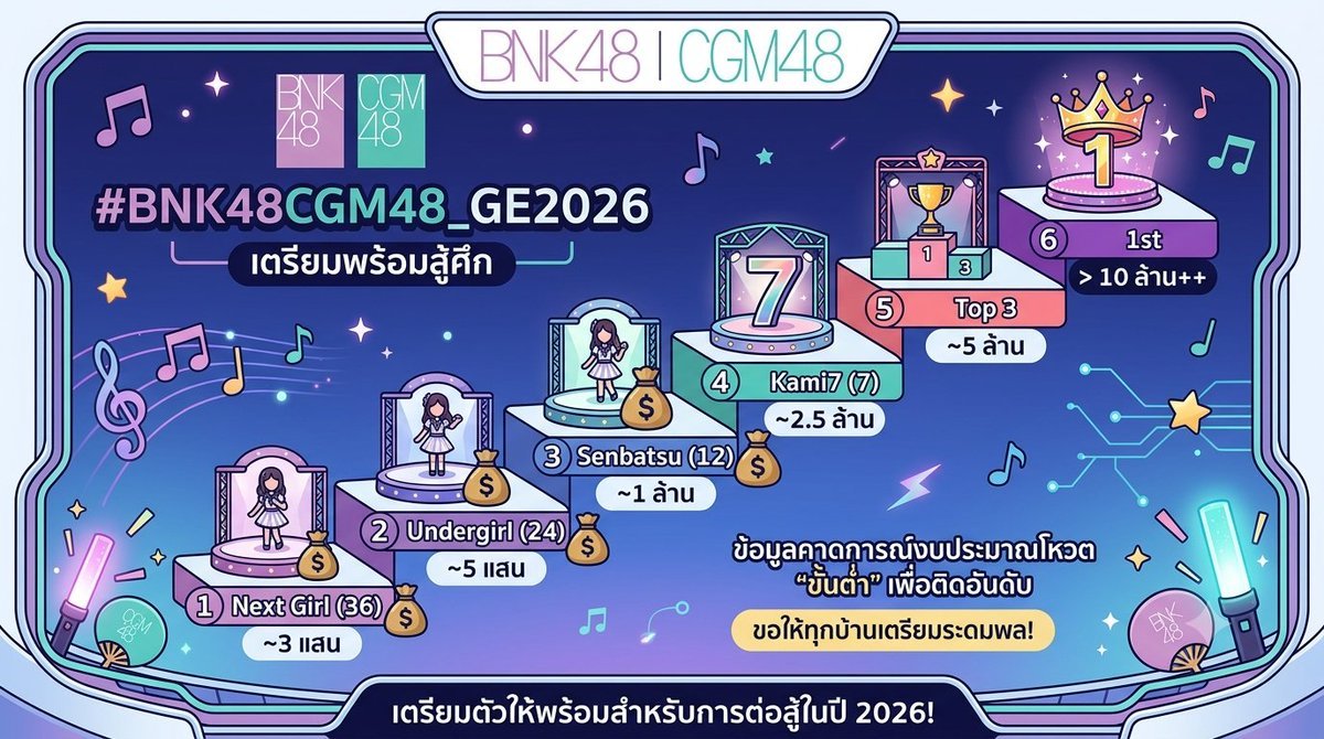 WorkingWithLoVe's tweet photo. ต้องขอโทษที่แหวกไทม์ไลน์นะครับ ในที่สุดมันก็มาตามที่คาดการณ์ไว้ (ไม่คาด) เลยอยากแจ้งข้อมูลให้ทุกบ้านทั้ง #BNK48 และ #CGM48 ว่าจากข้อมูล GE ที่ผ่านมา

[💥🗳️] #BNK48CGM48_GE2026 นี้หากต้องการจะติดอันดับจะต้องเตรียมเงินโหวต "ขั้นต่ำ" เท่าไรตามลำดับดังนี้

Next Girl (36) ~3 แสน
Undergirl (24) ~5 แสน
Senbutsu (12) ~1 ล้าน
Kami7 (7) ~2.5 ล้าน
Top 3 (3) ~5 ล้าน
1st > 10 ล้าน++

ก็ขอให้ข้อมูลนี้ช่วยให้ทุกบ้านเตรียมพร้อมระดมพลพรรคพร้อมสู้ศึกที่จะมาถึงนี้นะครับ