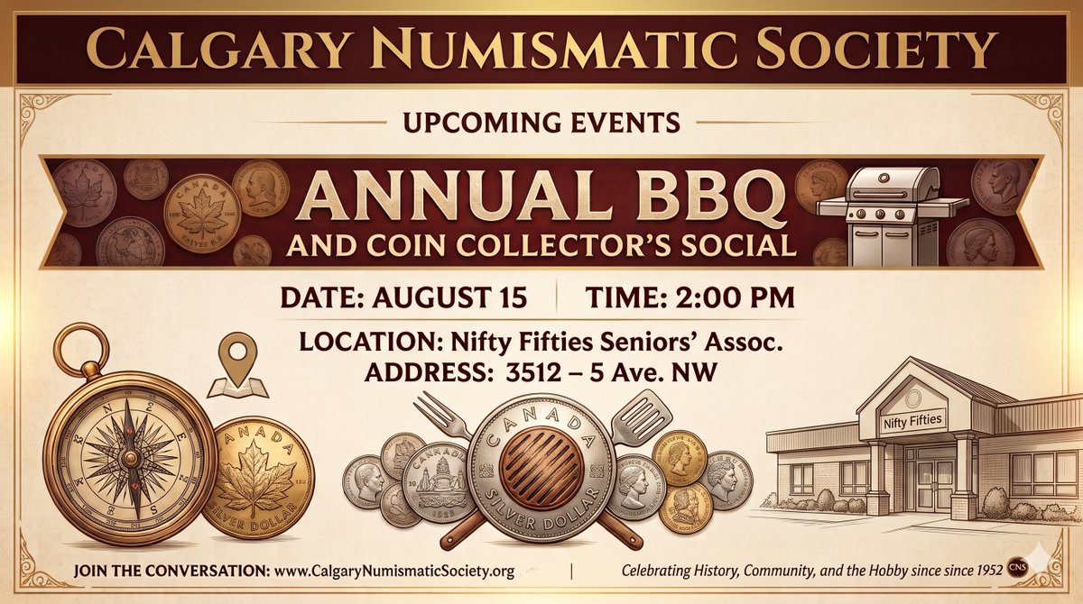 calgary_cns's tweet photo. The annual Calgary Numismatic Society BBQ is coming up soon! We'd love to have you join us!

#coins #bbq #events #thingstodocalgary #yyc https://t.co/EVyJZKEZld