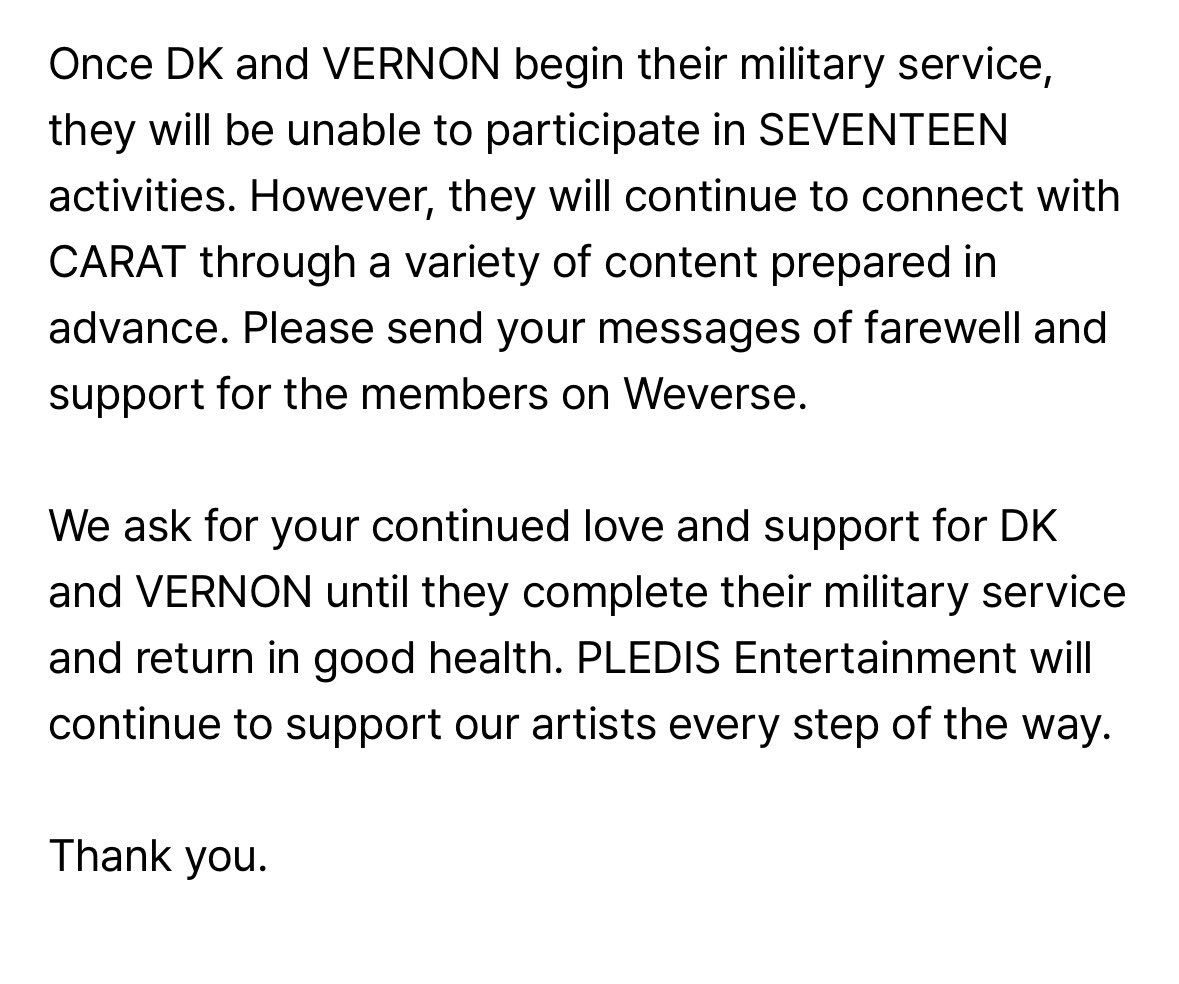 just_svtph's tweet photo. [NOTICE] SEVENTEEN DOKYEOM and VERNON’s Military Service 

DK will begin his mandatory military service on September 8, 2026, while Vernon will begin his mandatory military service on August 20, 2026.

Let’s send them our love and heartfelt wishes for a safe and healthy service. We’ll be waiting for them, just as always.
🥹❤️

Hugs Carats!!🫂🫂🫂

🔗 https://t.co/q8NA86Qo7Z

#DK #도겸 #DOKYEOM #세븐틴 #SEVENTEEN