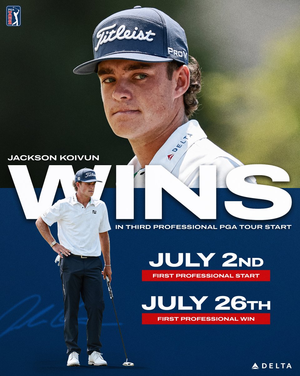 PGATOUR's tweet photo. It's only been 24 days since Jackson Koivun officially teed it up as a professional on the PGA TOUR.

He's already claimed his first victory but the journey is just beginning.

(Presented by @Delta) https://t.co/gs0mna6VJl