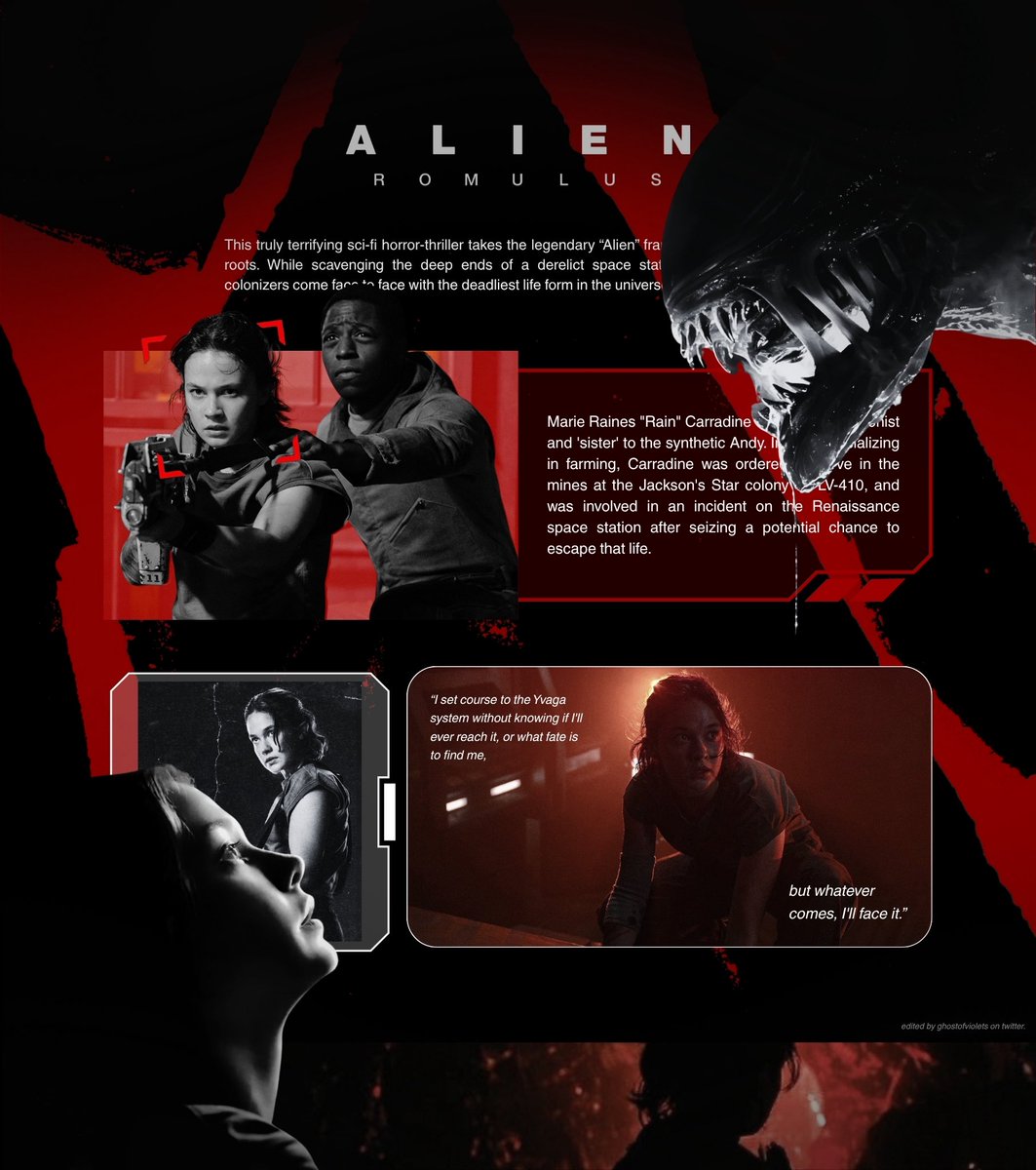 ghostofviolets's tweet photo. ∗ ⠀ ★, ⠀ [ … ] ⠀ “ This is Rain Carradine, last survivor of the Corbelan. Signing off. ” ⠀ 💭 ⠀ —— Elowen Redfield in Alien: Romulus (2024). https://t.co/soFVw7sTOK
