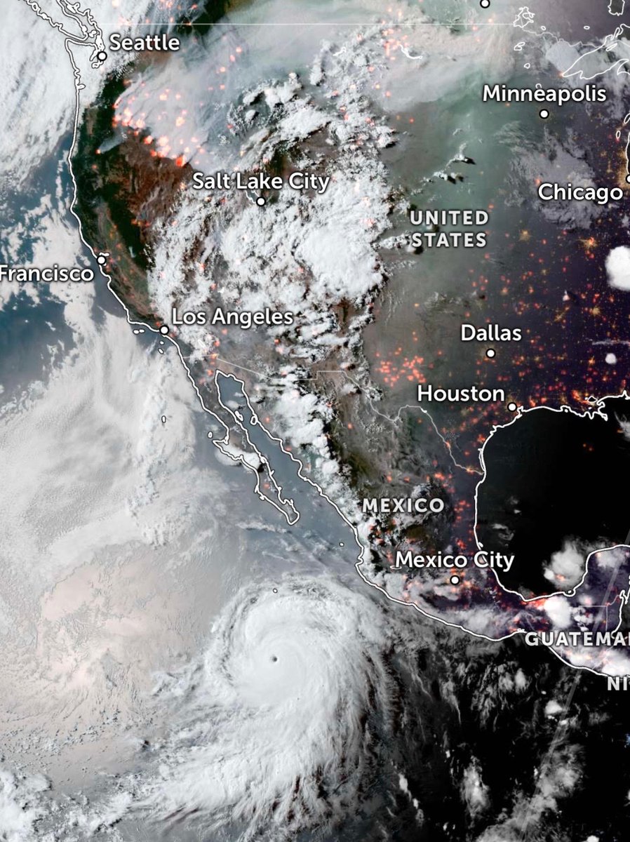 BackpirchCrew's tweet photo. There is a monster Category 4 Hurricane and nearly 1 million acres of active wildfires in this image. https://t.co/1QWIXN333V