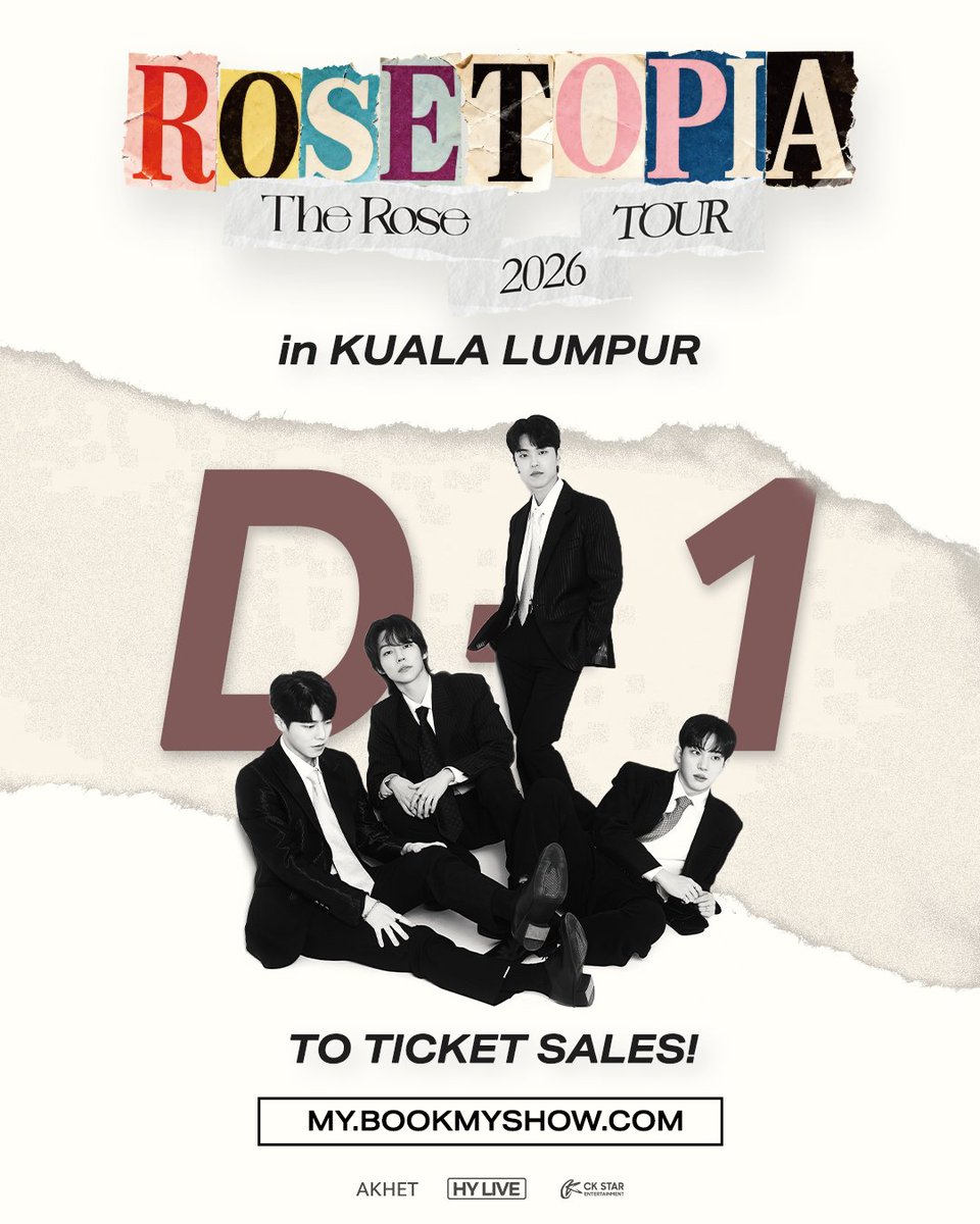ckstarmy's tweet photo. ⏰ Ticket sales open 𝐭𝐨𝐦𝐨𝐫𝐫𝐨𝐰, set those alarm now so you don't miss your spot 🍀

While you wait, tell us: Which The Rose song are you hoping to hear live the most?? 🎶

🌹 𝗥𝗢𝗦𝗘𝗧𝗢𝗣𝗜𝗔 𝗔𝗦𝗜𝗔 𝗧𝗢𝗨𝗥 𝟮𝟬𝟮𝟲 𝗜𝗡 𝗞𝗨𝗔𝗟𝗔 𝗟𝗨𝗠𝗣𝗨𝗥
🎵 25 Oct 2026 (Sun)
🕔 8:00 PM
♾️ Mega Star Arena

𝐓𝐢𝐜𝐤𝐞𝐭 𝐒𝐚𝐥𝐞𝐬
28 July 2026 (Tue), 12PM
Via https://t.co/McltdbzihT

𝐓𝐢𝐜𝐤𝐞𝐭 𝐏𝐫𝐢𝐜𝐞
DIAMOND: RM 968
GOLD: RM 888
SILVER: RM 798
CAT 1: RM 738
CAT 2: RM 638
CAT 3: RM 538
CAT 4: RM 438
CAT 5: RM 388
*All seated, ticket price excludes booking fees

#TheRose #더로즈 #TheRoseTour2026
#ROSETOPIA #ROSETOPIA_in_KualaLumpur
#CKStarEntertainment #CKStarMY