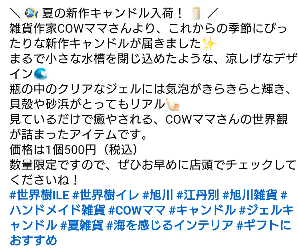 sekaijuile's tweet photo. ＼ 🐠 夏の新作キャンドル入荷！ 🕯️ ／
​雑貨作家COWママさんより、これからの季節にぴったりな新作キャンドルが届きました✨
​まるで小さな水槽を閉じ込めたような、涼しげなデザイン🌊
瓶の中のクリアなジェルには気泡がきらきらと輝き、貝殻や砂浜がとってもリアル🐚 https://t.co/smYNm22VHc