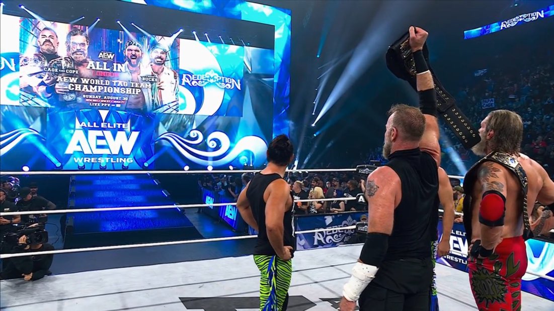 KXNGAO's tweet photo. THE YOUNG BUCKS ARE TAKING THEIR TITLES BACK AT ALL IN 

FINALLLYYYYYYYYYY #AEW #AEWRedemption https://t.co/4tYVXT3cm8
