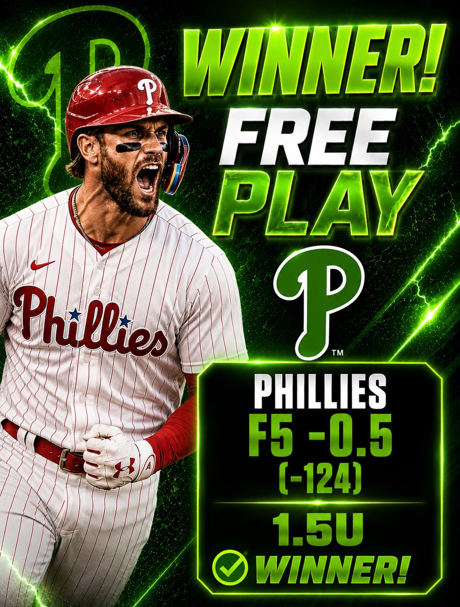 BigBetCo's tweet photo. EASY FREE WINNER🤑

Phillies F5 -0.5 (-124) | 1.5U✅✅

77-41 (66%) MLB FREE PLAY RUN🤯📈

6-0 going into the 5th. This play was an EASY winner🤣 https://t.co/vNx27uz7RW
