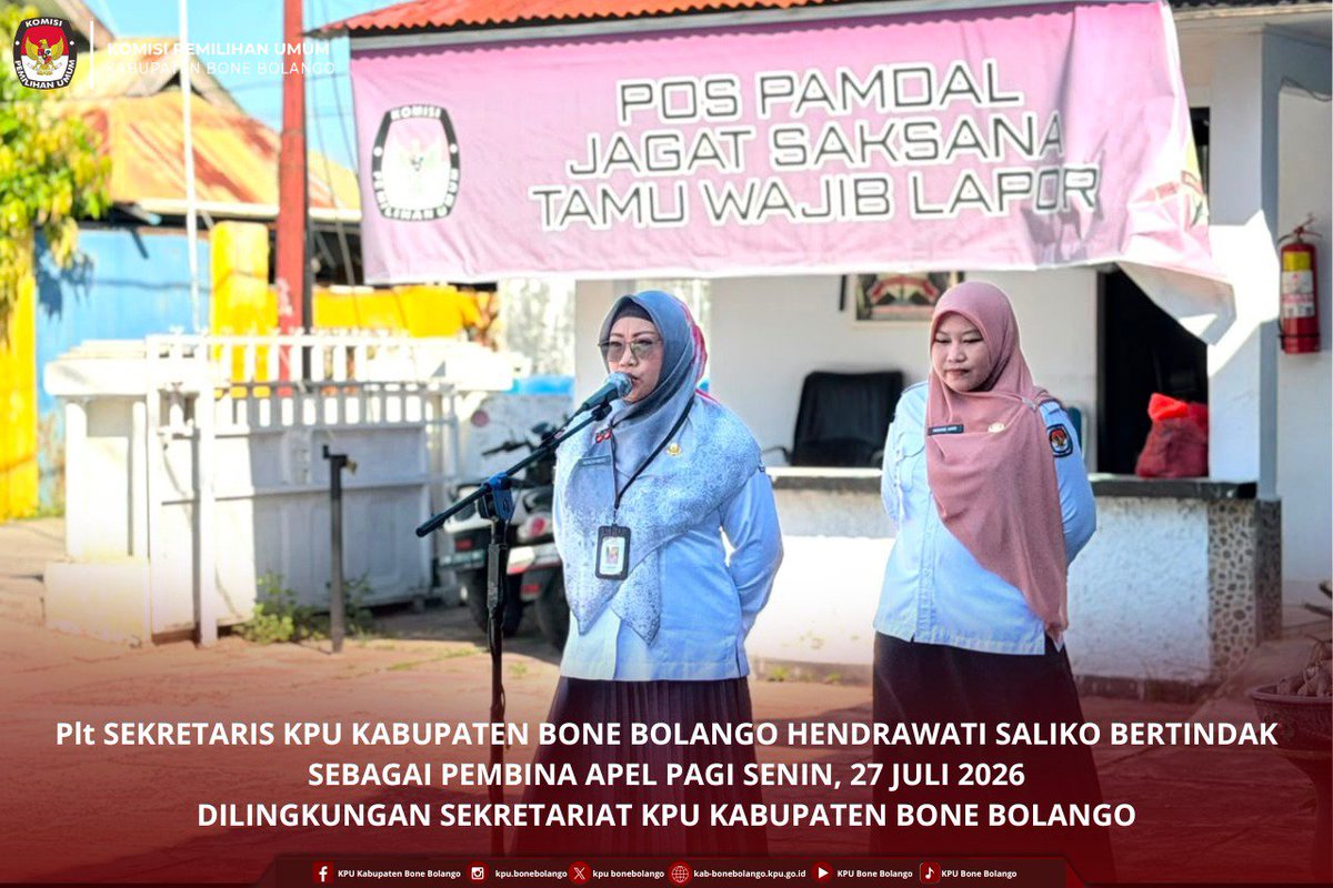 BonebolangoKpu's tweet photo. #TemanPemilih,

Senin (27/07/2026), KPU Kabupaten Bone Bolango melaksanakan Apel Pagi yang berlangsung di halaman kantor KPU. Apel pagi ini dipimpin langsung oleh Plt Sekretaris KPU Bone Bolango Hendrawati Saliko. https://t.co/zEXVjbdoZL