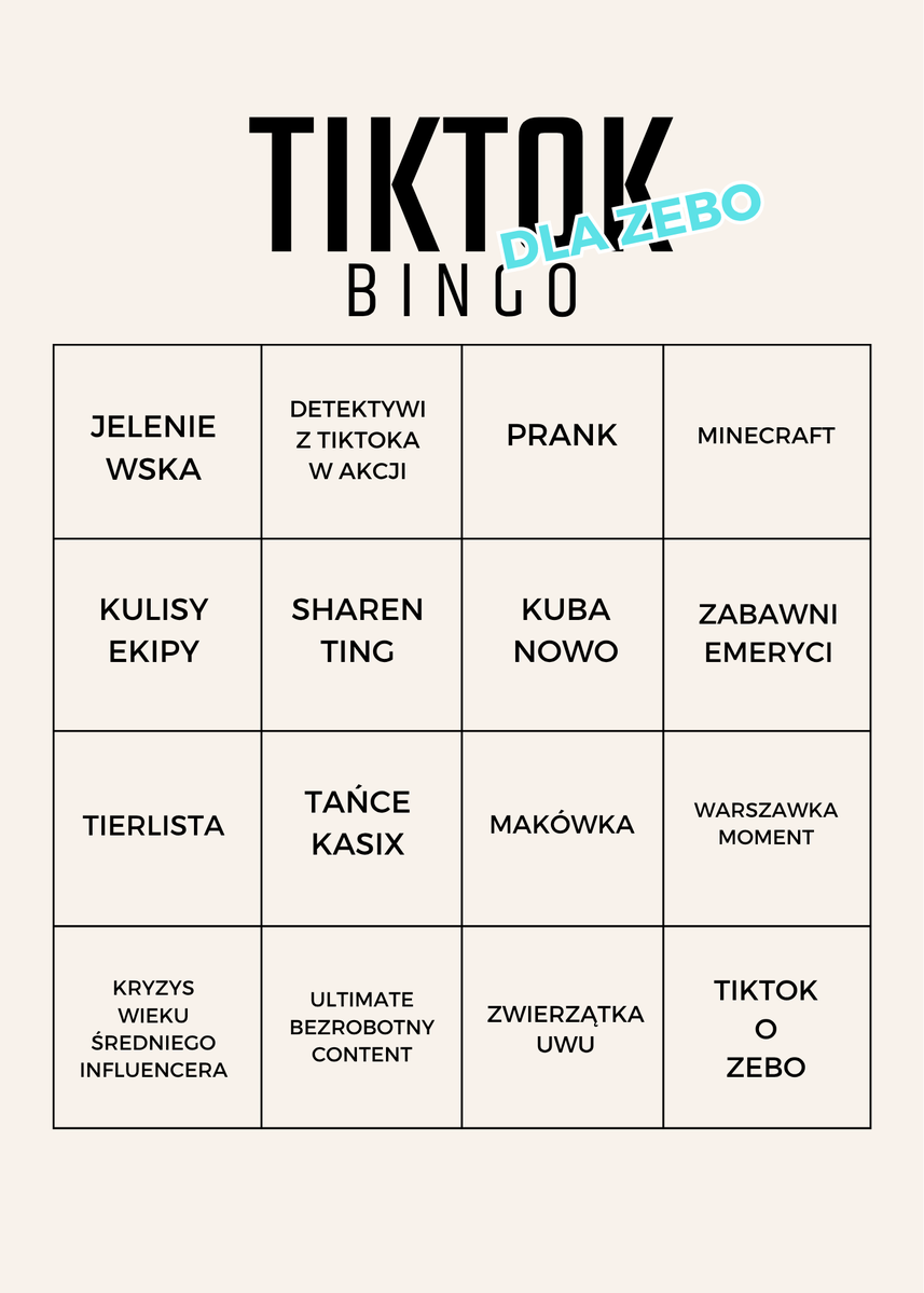 x_grinch_'s tweet photo. Zrobiłam bingo do odcinków z tiktokami. c:
@Zebolek https://t.co/ICfleqcZhB