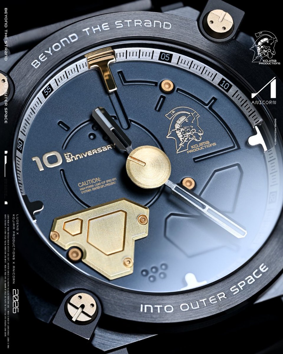 Anicorn_Watch's tweet photo. LUDENS X Watch Set by KOJIMA PRODUCTIONS × ANICORN (Limited Edition)

Created to celebrate the 10th anniversary of KOJIMA PRODUCTIONS, the timepiece is supervised by Hideo Kojima & Yoji Shinkawa and inspired by the Ludens EVA Creative Suit.

The watch features a black case, dark technical dial, gold-tone accents, exposed screws and layered, mechanically inspired panels, creating the feeling of a sci-fi artifact made for the wrist.

Paired with the timepiece is the LUDENS X Black Cuff Bracelet. Finished in black with gold-tone engraved details, the cuff extends the mecha and space-armour language of Ludens beyond the watch. The Black Cuff Bracelet is exclusive to the Watch Set.

Completing the set is a special metal printed warranty card, created as part of the 10th-anniversary collector experience.

Presented in a sealed display case, the card features KOJIMA PRODUCTIONS × ANICORN branding, anniversary details, Ludens-inspired artwork and an individual number unique to each set.

The LUDENS X Watch Set includes:

1.LUDENS X timepiece
2.LUDENS X black cuff bracelet
3.Individually numbered Metal Print warranty card with sealed display case

BEYOND THE STRAND. INTO OUTER SPACE.

@Kojima_Hideo @KojiPro2015 
@HIDEO_KOJIMA_EN @KojiPro2015_EN 

Coming Soon
10PM EDT— 5 Aug, 2026
10AM HKT— 6 Aug, 2026
11AM JST — 6 Aug, 2026

Exclusively on https://t.co/ZRRrUALgOn

#LUDENSX #KojimaProductions #ANICORN #TimeDifferent