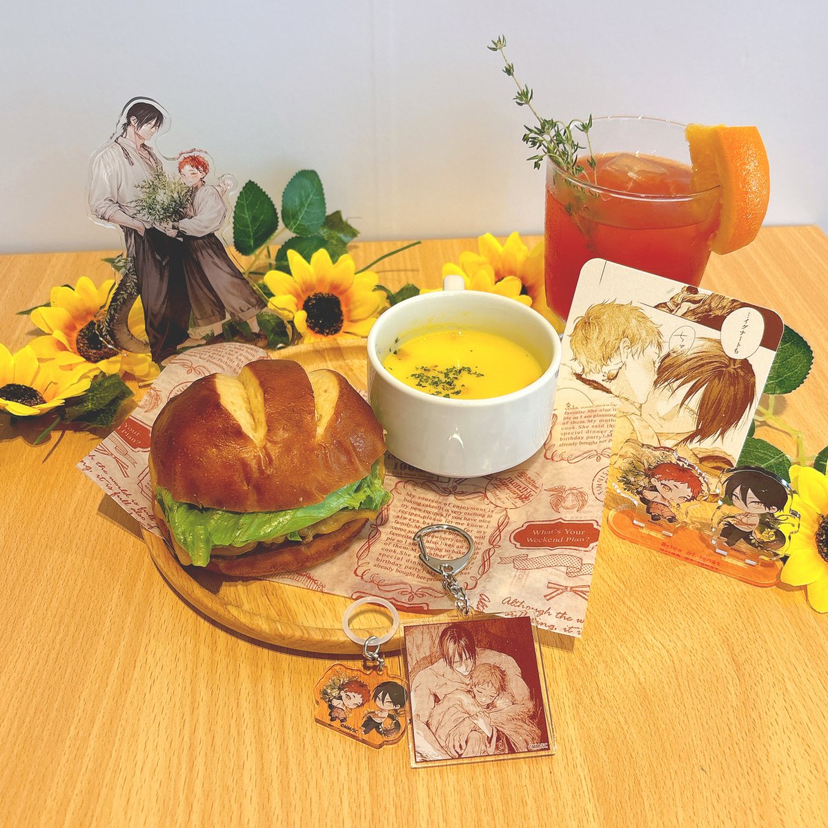 fromRED_ed's tweet photo. ┈🪴#fromRED6th_Cafe フード紹介𝟝🧡┈
☁️🌿Collaboration Cafe 🌿☁️
ㅤ  ㅤby THE キャラ CAFE

#もりもより(@moyori_ss)先生
⟡『 #イグナートの花嫁 』

ガッツリメニュー💪
お肉の香ばしさが溢れるハンバーガー🍔と
ピリッと大人な味わいのオレンジジンジャーエール🥤

🗓️東京▷~8/10(月) https://t.co/OU7ffxpq40