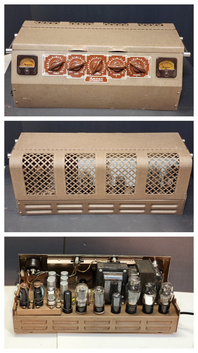 TomsAmpsDetroit's tweet photo. 1943 Ampro PA4. A work of art as an amplifier. Exquisite knobs on an Art Deco control panel, the best hammertone finish and beautiful screening, shitloads of tubes. What's not to like?

Triple rectified: 5Z3, 2 5V4. 2 6L6, 6F6, 6N7, 7F7, 2 6J7, 1 6H6 (the mini).

Available for #Detroit #Studio #Rental from https://t.co/v0L9p2uJHQ, The Home of Vintage Tone. Royal Oak MI 248-808-2951 

Players welcome to come play any of my 165 1932-1968 rare and unique tube amps and effects, no rental required.