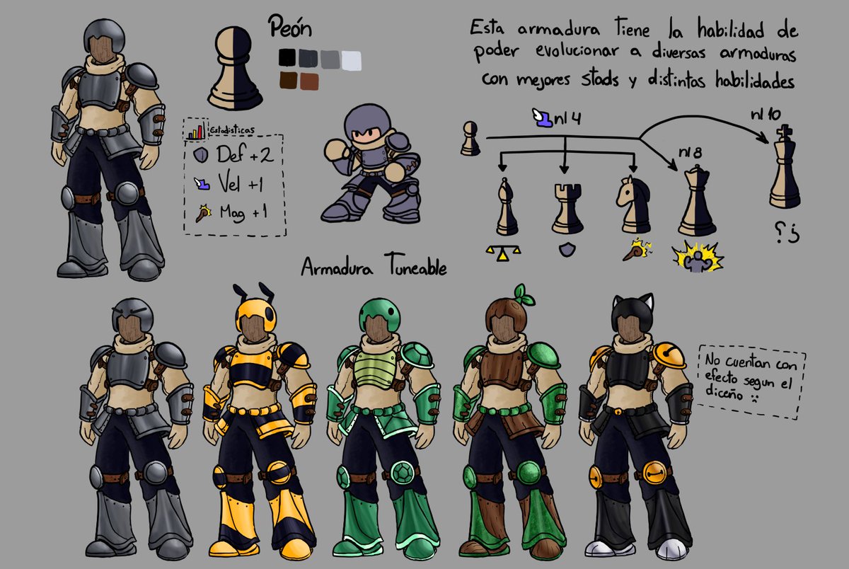 arky642's tweet photo. Okey, estoy trabajando en un mundo tipo Rol RPG
Con personajes, armas, mecanicas y demás

Entonces pensando en que no tengo armaduras trabajadas se me ocurrio una inspirandome en las piezas del ajedrez

Ya despues iré subiendo más :3
#digitalart #ajedrez #armaduras #RPG #art https://t.co/VR1oECk5E7