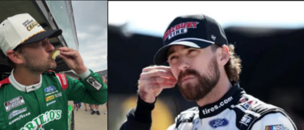 RacinTakes1's tweet photo. @ToddGilliland_ kisses a pickle as @Blaney watches from the corner.... totally a real picture and not 2 mashed together. https://t.co/KZSyYsdpAz