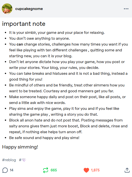 HalloweenSims's tweet photo. Saw this post on tumblr and I think it applies to being a simmer on any platform so I thought I would share🖤🫂Always play and post for yourself first, it always should be fun for you otherwise it is a quick way to creative burnout🫂🖤 https://t.co/KJEcRfJw2v