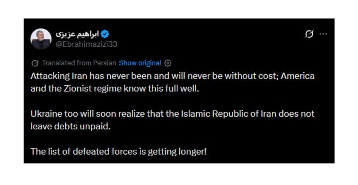Currentreport1's tweet photo. JUST IN:

Senior Iranian MP Ebrahim Azizi warned that Ukraine's attack on an Iranian vessel will not go unanswered, and Iran does not leave debts unpaid. https://t.co/D9a1Q0aa1b