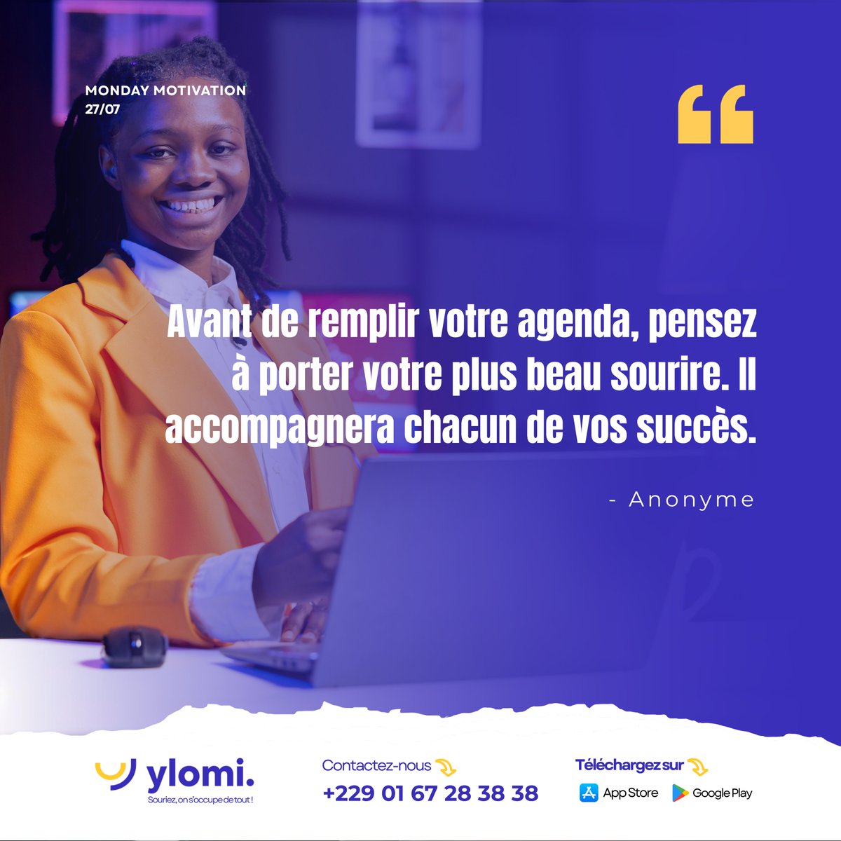 YlomiApp's tweet photo. Le sourire est parfois la seule chose dont une semaine a besoin pour bien commencer.

Nous vous souhaitons un lundi rempli d'énergie, de belles opportunités et de petites victoires.

Souriez, on s’occupe de tout !

#MondayMotivation #YLOMI #YlomiApp https://t.co/AvoTUQhTOV