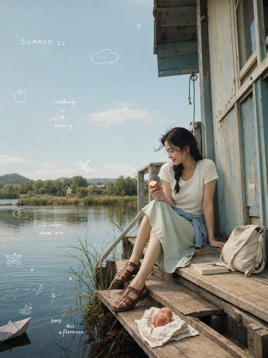 一张极致真实的电影感梦幻生活方式照片，庆祝 “SUMMER ’26”（2026年夏日），画面中一位年轻的韩国女性独自坐在一座褪色珊瑚粉色复古救生塔的上层平台上，背景是一片宁静的海滨沙滩，以近距