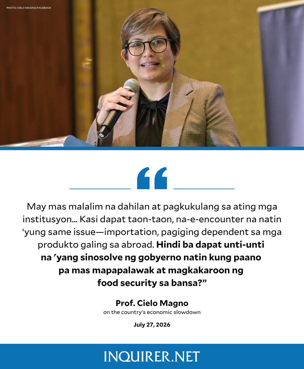 inquirerdotnet's tweet photo. ‘MAY MAS MALALIM NA DAHILAN’

UP School of Economics Professor Cielo Magno highlights the internal policy gaps contributing to the country's economic slowdown and high inflation rate.

Magno notes that while Middle East conflicts impact fuel costs, the government's recurring inability to resolve food import dependency reflects a broader institutional failure. #SONA2026 | via Danna Engracia, https://t.co/E0yNJSWpUY trainee

Follow our live updates here: https://t.co/JAVRUgCwqY

​Watch our Sona 2026 special coverage here: https://t.co/N6W8W21UE9