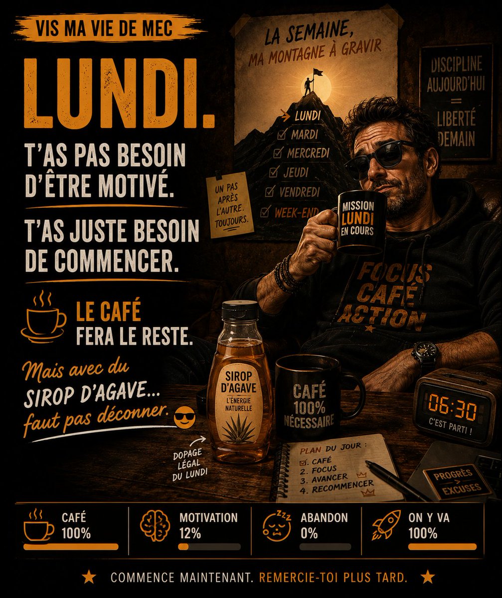 KimLightspeed's tweet photo. Lundi. ☕
Pas besoin d’être motivé. Faut juste commencer.
Le café fera le reste…
Mais avec du sirop d’agave, faut pas déconner. 😎😂
Force et Honneur aux combattants du feu. 👇
#VisMaVieDeMec #Lundi https://t.co/vEnMVCtVPX