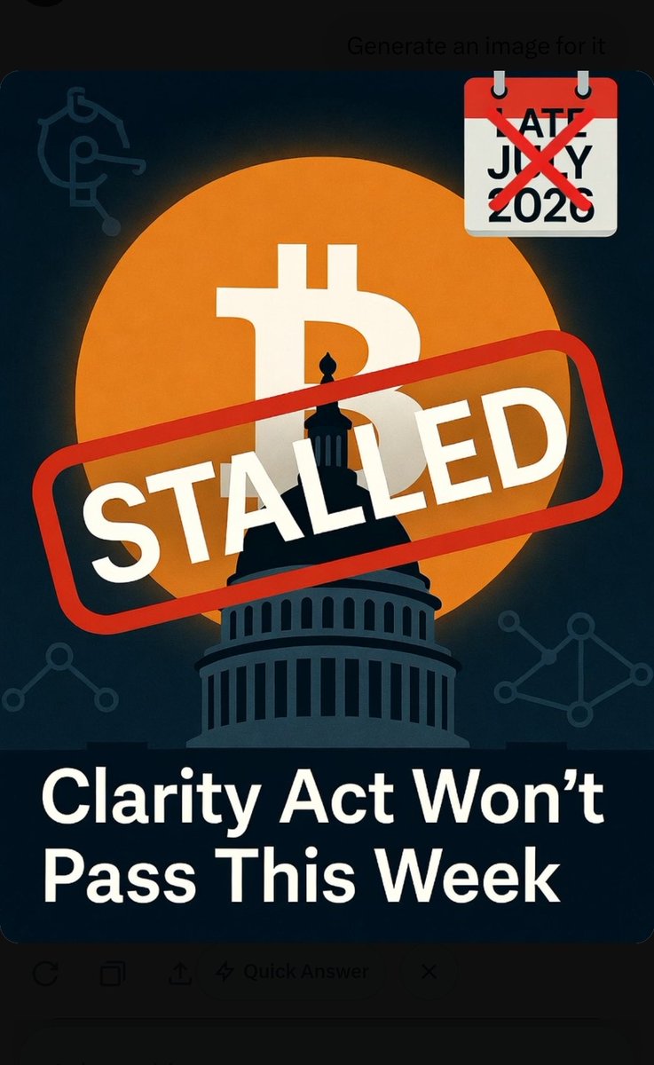 R0gue_Specter's tweet photo. Why the Clarity Act won’t pass this week

The Digital Asset Market Clarity Act is stuck. 

Senate Republicans released an updated draft on July 22 with a new ethics ban on officials issuing crypto, but key Democrats immediately said it still falls short on ethics, illicit finance, and consumer protections.

The bill needs 60 Senate votes. With only 53 Republicans, at least 7 Democrats are required.

Those votes aren’t locked in. 

Floor time before the August 7 recess is extremely tight. Even if a motion to proceed is filed this week, there’s almost no realistic path to debate, amendments, and final passage before lawmakers leave town.

Bottom line: Negotiations are still open, the vote count isn’t there, and the calendar is against it. Passage this week is extremely unlikely.

#ClarityAct #Crypto #Bitcoin #Regulation #Congress #DigitalAssets