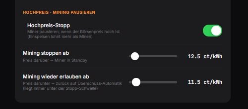 MINEOMAT's tweet photo. Die Miner stoppen um ca. 18:00 Uhr obwohl noch PV-Überschuss da ist. 

Fehler? Nein, so eingestellt.

Du legst selbst fest, ab welchem Börsenpreis das Mining pausiert wird.

Ein Shelly kann das nicht.

#HomeMining https://t.co/DsG709dHql
