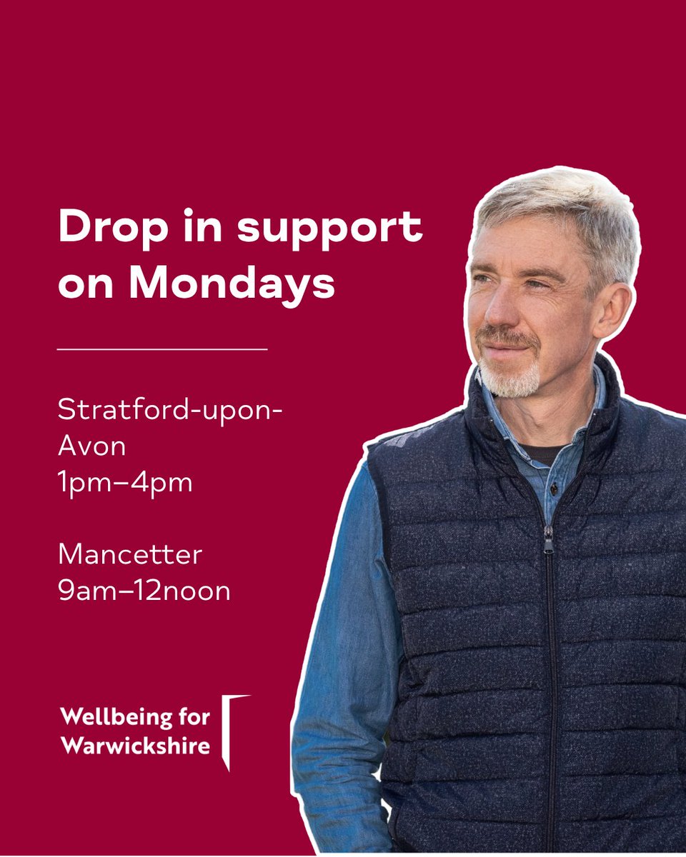 wellbeingwarks's tweet photo. Mental health support at our drop-in hubs on Mondays: 

1pm–4pm: Stratford-upon-Avon; 9am–12noon: Mancetter

No appointment necessary. Click the link for full address details: https://t.co/x67g3gGehY https://t.co/KAHmd9P2Xl