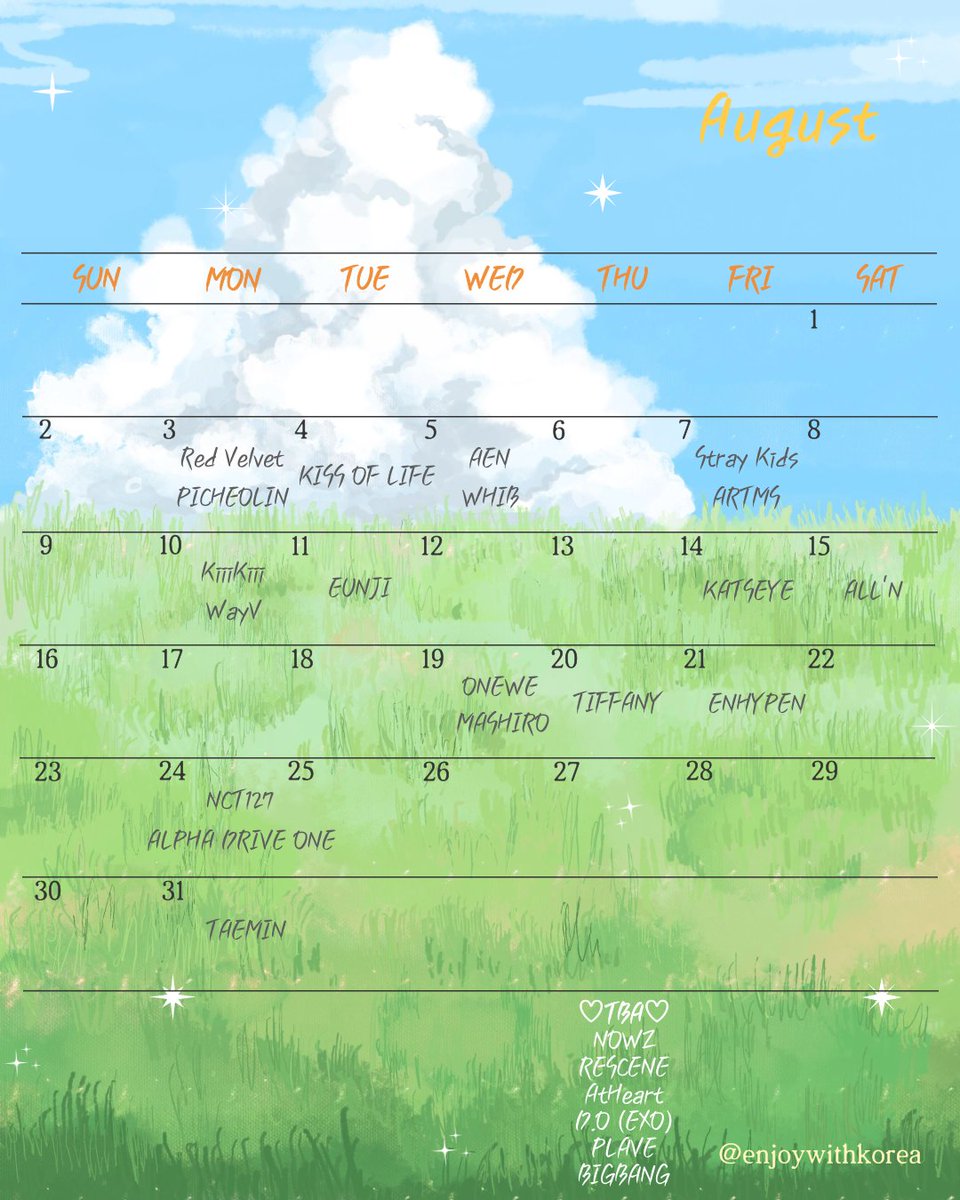 enjoywithkorea's tweet photo. 🌻2026年 8月カムバック情報🌻

8/3 #RedVelvet #PICHEOLIN (#セブチ #DINO)
8/4 #KISSOFLIFE
8/5 #AEN #WHIB
8/7 #StrayKids #ARTMS
8/10 #KiiiKiii #WayV
8/11 #EUNJI (APINK)
8/14 #KATSEYE
8/15 #ALLN
8/19 #ONEWE #MASHIRO (MADEIN)
8/20 #TIFFANY (少女時代)
8/21 #ENHYPEN
8/24 #NCT127 #ALPHADRIVEONE
8/31 #TAEMIN (SHINee)

<日程未定🗓️>
#NOWZ
#RESCENE
#AtHeart
#DO
#PLAVE
#BIGBANG