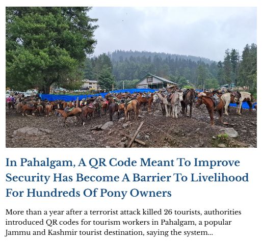 Article14live's tweet photo. “The real issue is that those codes are accessible to everyone, including scammers & others who might misuse the identities”

14 months after the #Pahalgam terror attack, a QR code introduced by govt for security now reveals personal details to anyone with a scanner, report @ilu_tantray & @IamUmerfarooq21

It’s also thrown hundreds out of work

https://t.co/ynvhlgywca