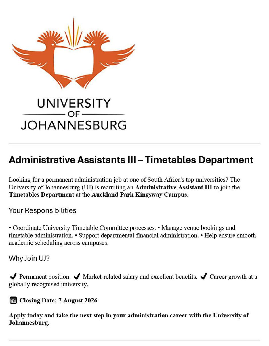 tumelo_br's tweet photo. @ChrisExcel102 📌University of Johannesburg is hiring!

✅ Administrative Assistants

Est Salary: R10,000- R16,000 p/m

Closing Date: 07 August 2026

Apply ASAP: https://t.co/k8cigfhJAs https://t.co/5dRulxChhe