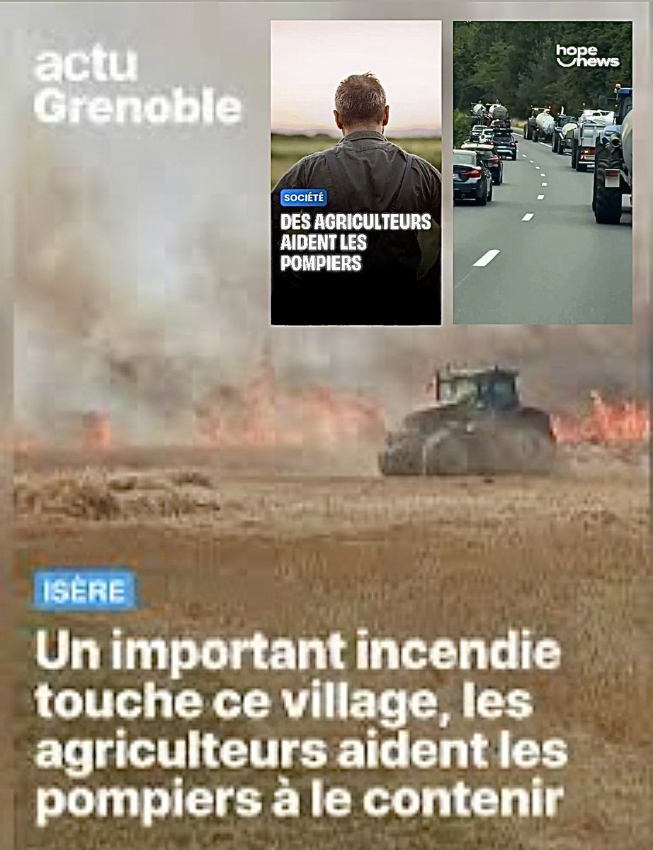 NicoChabanne's tweet photo. Donc les agriculteurs (qui nous nourrissent) aident les pompiers (qui nous protègent). Cette union sacrée marque les esprits et rend fiers tous ceux qui les ont croisés ces derniers jours. Le plus impressionnant, en filigrane de ce courage, est de savoir que ces piliers indispensables à nos vies manquent cruellement de moyens pour remplir sereinement leurs essentielles missions. Il y a la vraie vie et il y a la gestion hologrammique de nos vies par un monde parallèle de plus en plus déconnecté de la notion d’évidence. Que ceux qui gèrent politiquement notre argent collectif et nos vies se réveillent du cauchemar intenable de ne jamais voir les choses comme elles sont. Bravo aux pompiers, aux agriculteurs et aux milliers de citoyens qui désormais enjambent cette impuissance pour agir. Bonne semaine à tous et une immense pensée en ce lundi vers ceux qui sont impactés par les feux partout en France.