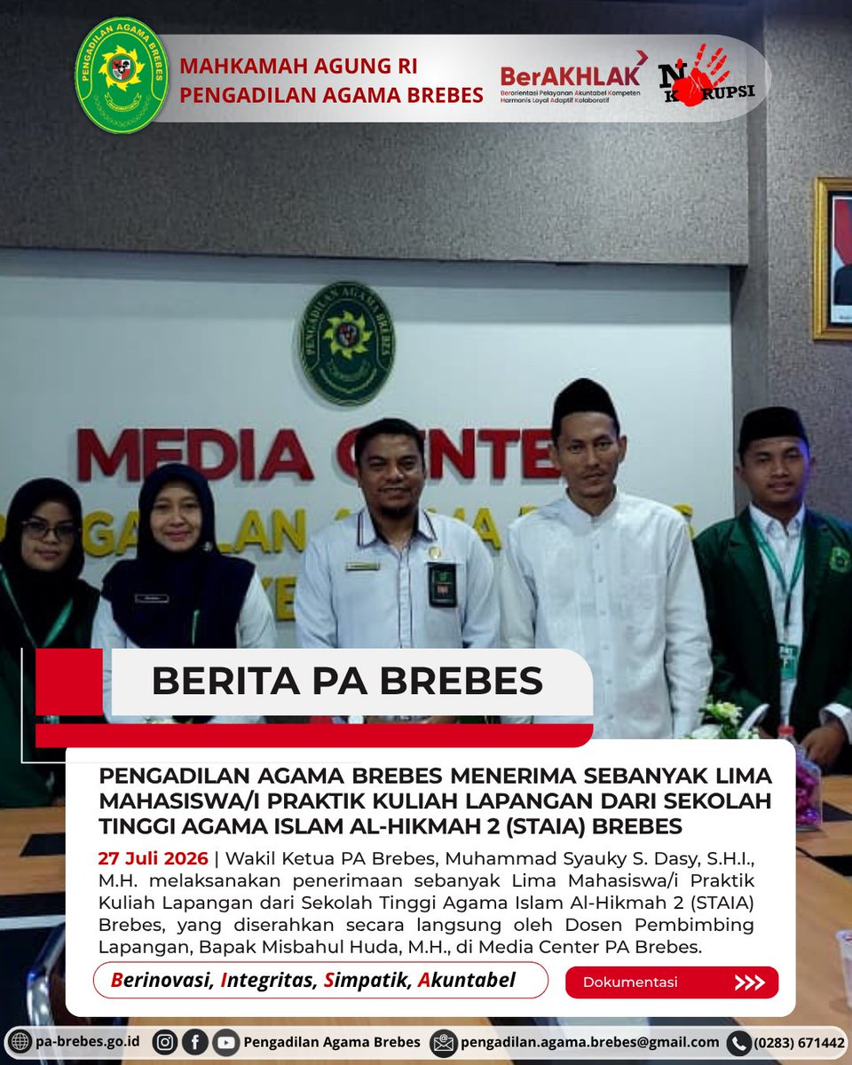 PABrebes's tweet photo. PENGADILAN AGAMA BREBES MENERIMA SEBANYAK LIMA MAHASISWA/I PRAKTIK KULIAH LAPANGAN DARI SEKOLAH TINGGI AGAMA ISLAM AL-HIKMAH 2 (STAIA) BREBES

PA Brebes, BISA ! #Berinovasi #Integritas #Simpatik #Akuntabel https://t.co/lLU1nnyRTL
