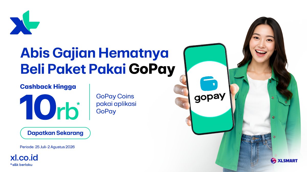 myXL's tweet photo. Ada tambahan hemat di momen gajian!

Beli paket XL menggunakan GoPay dan dapatkan cashback hingga Rp10.000 dalam bentuk GoPay Coins.  
Yuk, manfaatkan sebelum periodenya selesai : https://t.co/PpEyzOW1N6 https://t.co/znjv30fnIC