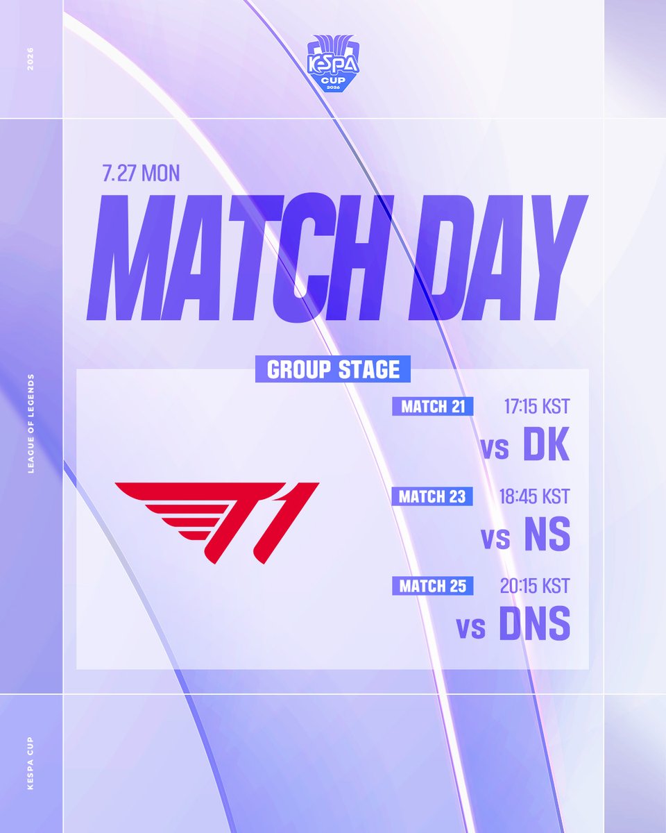 T1LoL's tweet photo. #𝗞𝗲𝗦𝗣𝗔𝗖𝗨𝗣 𝟮𝟬𝟮𝟲 𝗧𝟭 𝗠𝗮𝘁𝗰𝗵 𝗗𝗮𝘆

📍 17:15 vs DK
📍 18:45 vs NS
📍 20:15 vs DNS

📺 Disney+

#TogetherAs1 #T1WIN https://t.co/qLy9Azf5im
