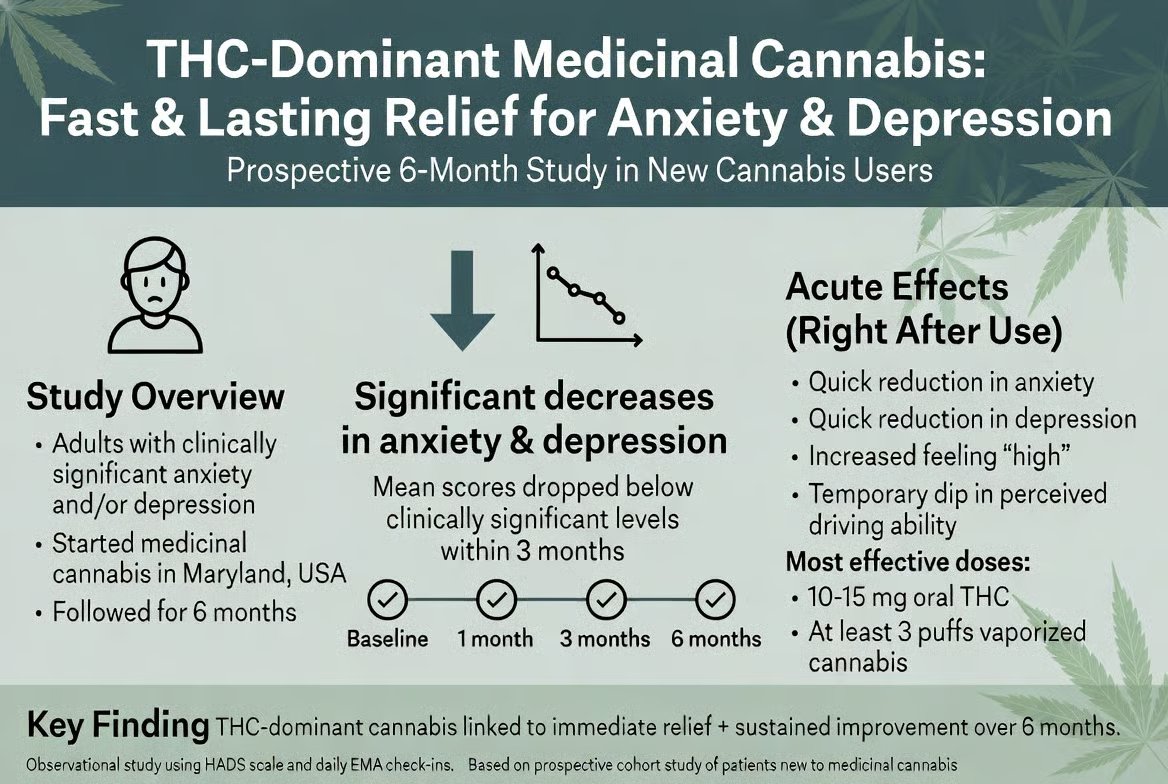 marclanders's tweet photo. This PubMed study reports: THC-dominant medical cannabis slashed anxiety & depression in weeks.

Immediate (acute) drops in anxiety and depression right after use

On average, symptoms fell below the “clinically significant” level within the first 3 months.

Longer-lasting improvement in overall anxiety and depression symptoms over the full 6 months

Longer-lasting improvement in overall anxiety and depression symptoms over the full 6 months.