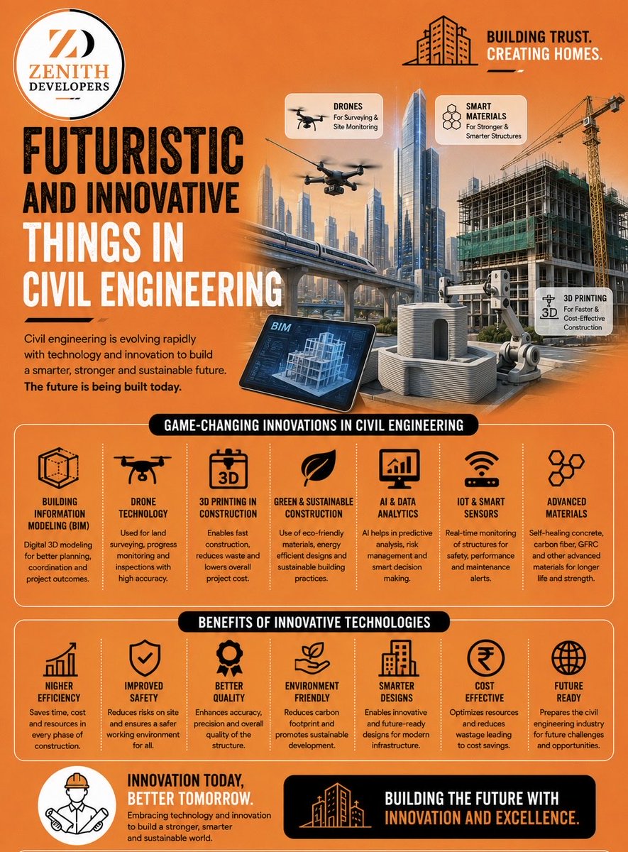 ZenitDevelopers's tweet photo. 🚀 The Future of Civil Engineering Is Here!
From AI and drones to 3D printing, BIM, smart sensors, and advanced materials innovation is transforming how we design and build a smarter, safer, and more sustainable future. 🏗️🌍

#zenithdevelopers #smartconstruction #bim #aligarh https://t.co/K91J5dLoIg