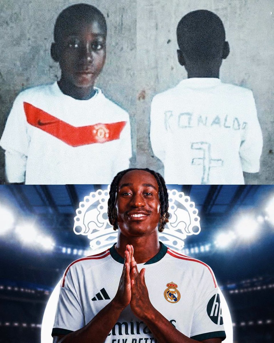 AnwarUlHaqAk1's tweet photo. In his childhood, Yan Diomande grew up in poverty in Abidjan, Côte d’Ivoire, before moving abroad alone to chase his football dream. 

In this time, his idol was Cristiano Ronaldo. He had his own shirt of him where he drew Cristiano’s name & number on the back as he couldn’t afford a real one with his name printed on it.

Now, he’s on the verge of his dream move to Real Madrid, Ronaldo’s former club, for a fee well in excess of €100m.

𝐀 𝐛𝐞𝐚𝐮𝐭𝐢𝐟𝐮𝐥 𝐬𝐭𝐨𝐫𝐲. 🤍🇨🇮