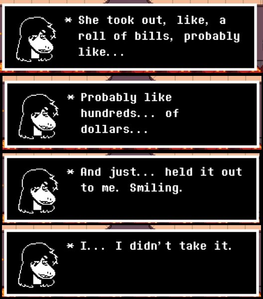 pplefallsfar's tweet photo. im surprised that people saw this scene in deltarunes weird route and didnt interpret this as Noelle handing out (what i assume is) her built up allowance because shes literally About To Kill Herself https://t.co/rhGQe9UauV