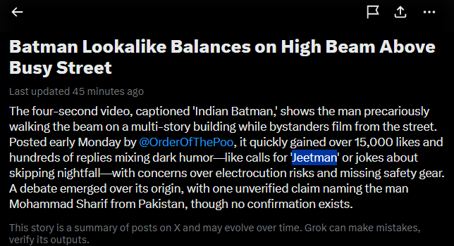 ForestManSol555's tweet photo. This is one the funniest videos in a while.

This Indian Batman literal jumps on the electrical line and gets shocked.

600k views in 5 hours and just got a trending article aswell.

THE TRENDING ARTICLE EVEN GAVE A NAME FOR HIM "JEETMAN"

THIS IS GONNA GO GIGA VIRAL IN NEXT HOURS.

Trending : https://t.co/kZ4JOjC8lv