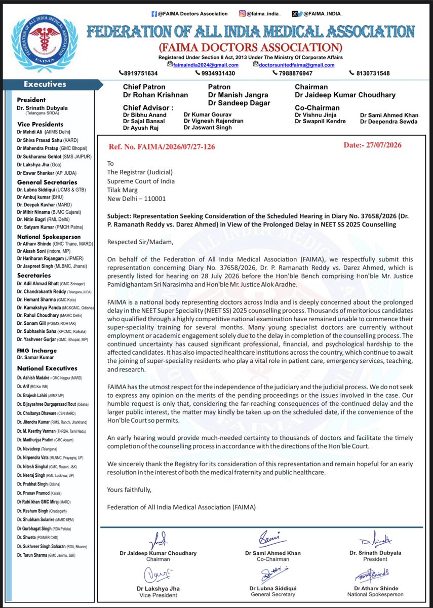 FAIMA_INDIA_'s tweet photo. FAIMA respectfully requests an early hearing of Diary No. 37658/2026, listed on 28 July 2026.

Nearly 5 months of delay in #NEETSS2025 counselling has left thousands of qualified specialist doctors waiting. We remain hopeful for an early resolution in the larger public interest.
#FAIMA #NEETSS #NEETSSCounselling #Doctors #ResidentDoctors #MedicalEducation #Healthcare #SupremeCourt #India